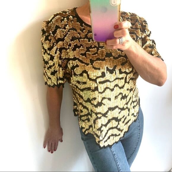 VINTAGE SEQUIN BEADED SILK CHRISTMAS NEW YEARS TOP - Picture 1 of 8